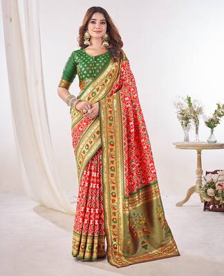 red woven printed silk blend ethnic festive saree with blouse 1