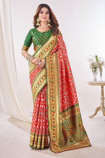 Red woven & printed silk blend ethnic festive saree with blouse