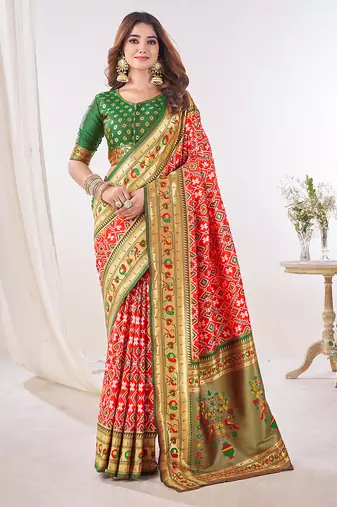 Red woven & printed silk blend ethnic festive saree with blouse