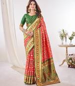 Red woven & printed silk blend ethnic festive saree with blouse