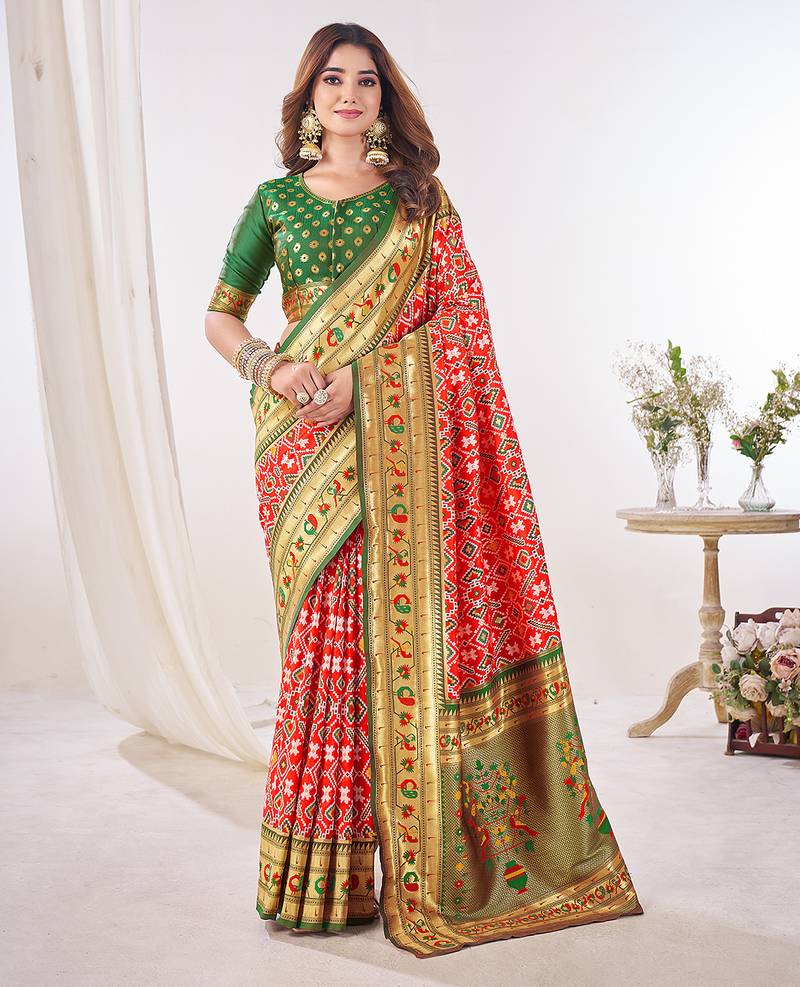 Red woven & printed silk blend ethnic festive saree with blouse