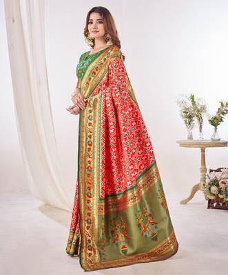 red woven printed silk blend ethnic festive saree with blouse 2