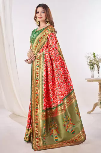 red woven printed silk blend ethnic festive saree with blouse