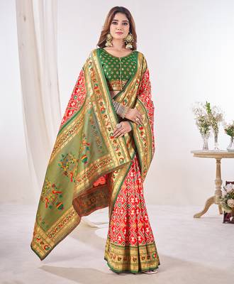 red woven printed silk blend ethnic festive saree with blouse 3