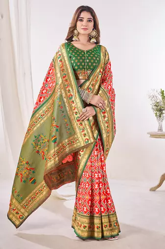 red woven printed silk blend ethnic festive saree with blouse