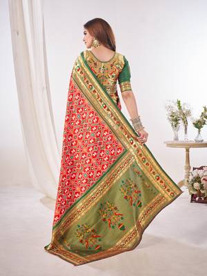 red woven printed silk blend ethnic festive saree with blouse 4