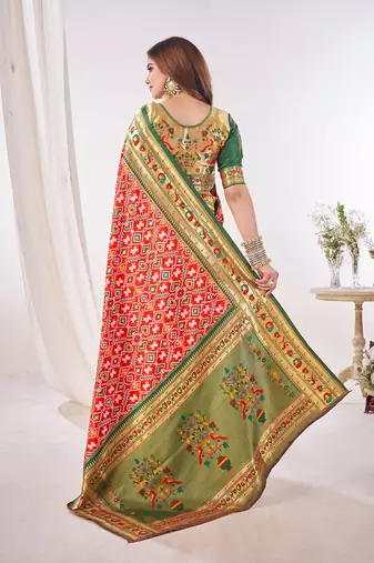 red woven printed silk blend ethnic festive saree with blouse