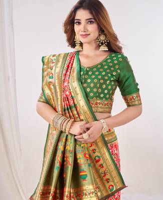 red woven printed silk blend ethnic festive saree with blouse 5