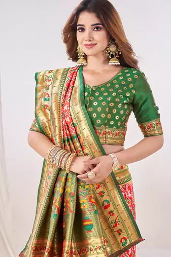red woven printed silk blend ethnic festive saree with blouse
