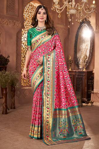 Rani pink woven & printed silk blend ethnic festive saree with blouse