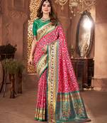 Rani pink woven & printed silk blend ethnic festive saree with blouse