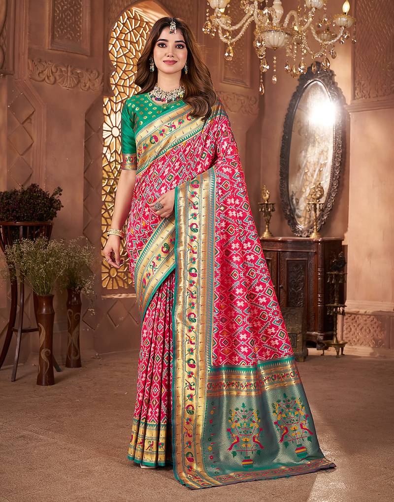 Rani pink woven & printed silk blend ethnic festive saree with blouse