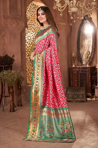 rani pink art silk saree with woven zari paithani work