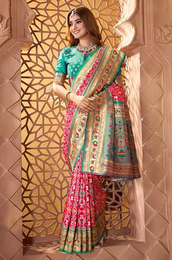 rani pink art silk saree with woven zari paithani work
