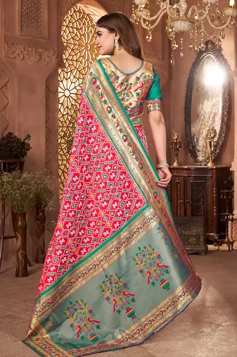rani pink art silk saree with woven zari paithani work
