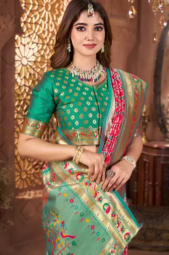 rani pink art silk saree with woven zari paithani work