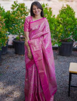 Pink floral & paisley kanchipuram silk saree with blouse 1