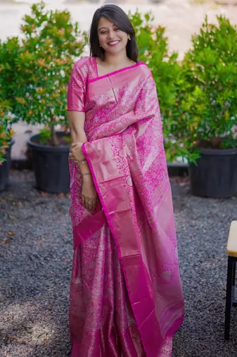 Pink floral & paisley kanchipuram silk saree with blouse