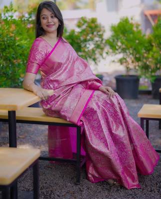 Pink floral & paisley kanchipuram silk saree with blouse 4