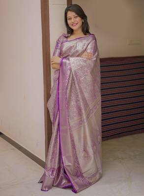 Purple floral & paisley kanchipuram silk saree with blouse 1