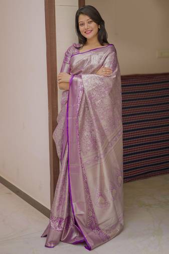 Purple floral & paisley kanchipuram silk saree with blouse