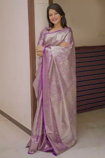 Purple floral & paisley kanchipuram silk saree with blouse