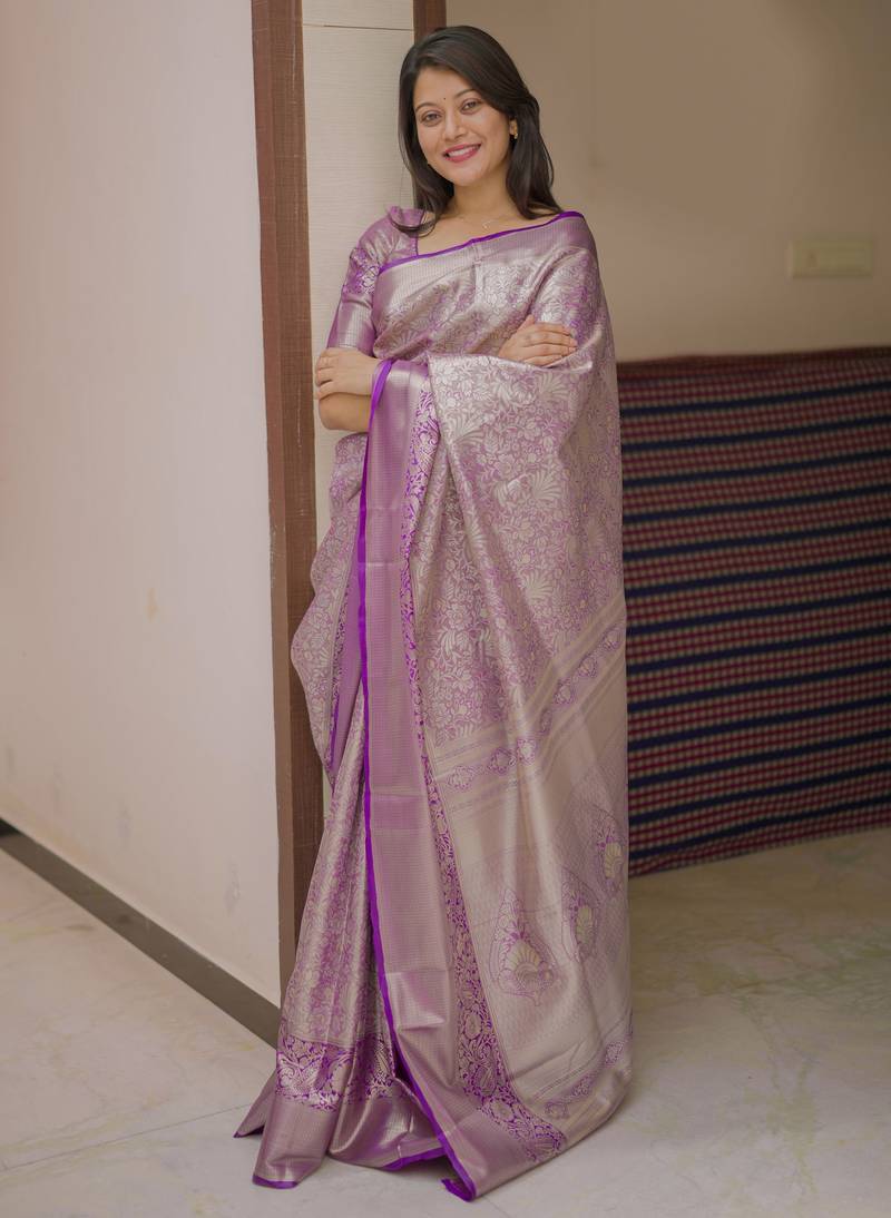 Purple floral & paisley kanchipuram silk saree with blouse