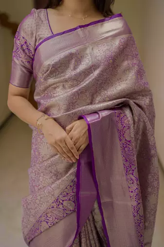 Purple floral & paisley kanchipuram silk saree with blouse