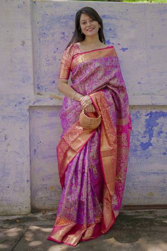 Purple floral, meenakari, zari woven kanjivaram silk saree with blouse