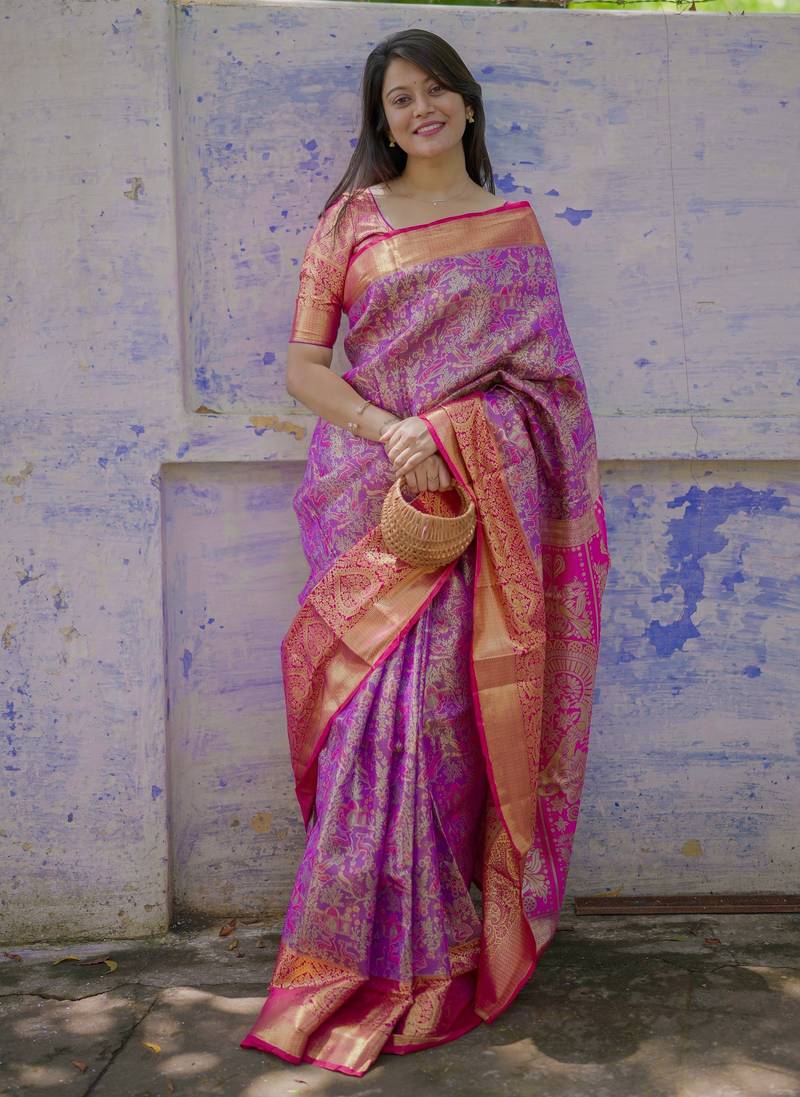 Purple floral, meenakari, zari woven kanjivaram silk saree with blouse