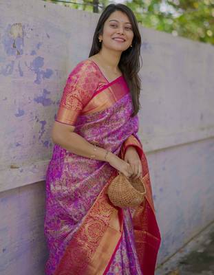 Purple floral, meenakari, zari woven kanjivaram silk saree with blouse 3