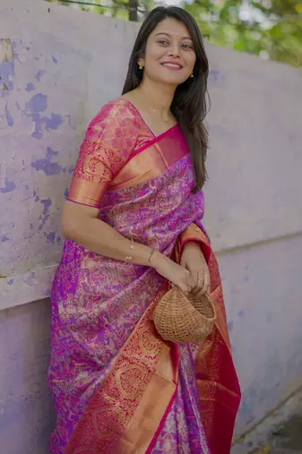 Purple floral, meenakari, zari woven kanjivaram silk saree with blouse