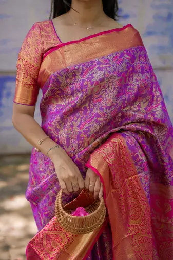 Purple floral, meenakari, zari woven kanjivaram silk saree with blouse