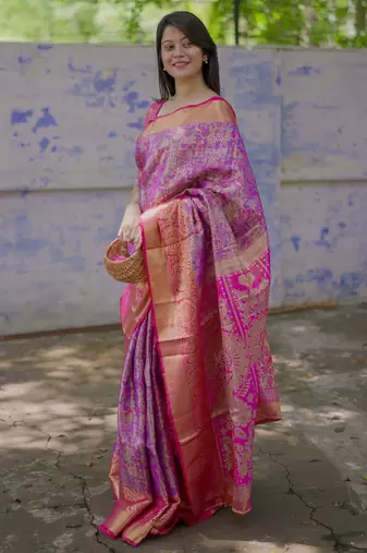 Purple floral, meenakari, zari woven kanjivaram silk saree with blouse