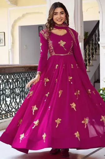 Anarkali Gown Set Pink Suit Set With Dupatta Party Wear Gown