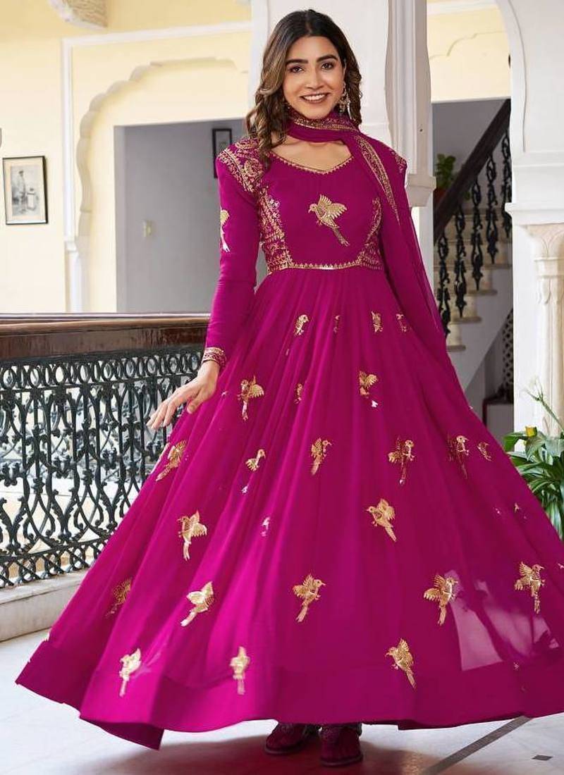Anarkali Gown Set Pink Suit Set With Dupatta Party Wear Gown