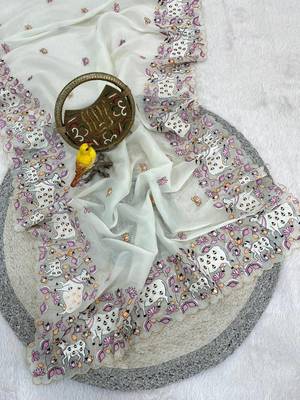 White Color Thread And Embroidery work Silk Saree 1