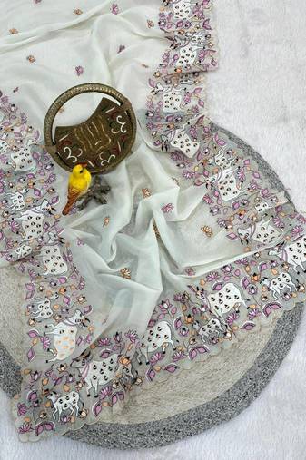 White Color Thread And Embroidery work Silk Saree