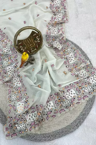 White Color Thread And Embroidery work Silk Saree
