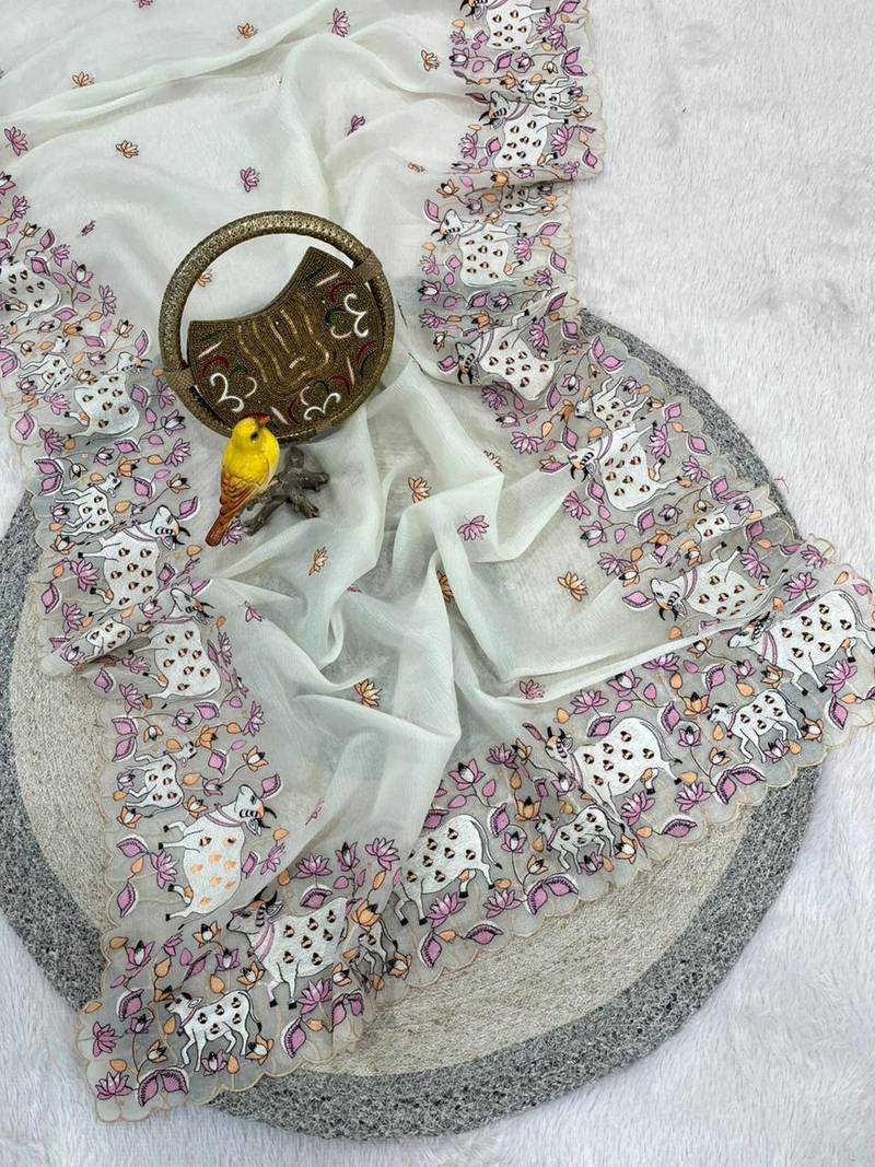 White Color Thread And Embroidery work Silk Saree