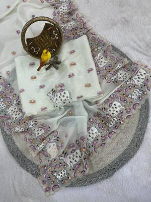 White Color Thread And Embroidery work Silk Saree 2
