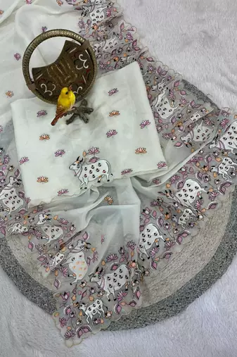 white silk blend sari with floral cow embroidery