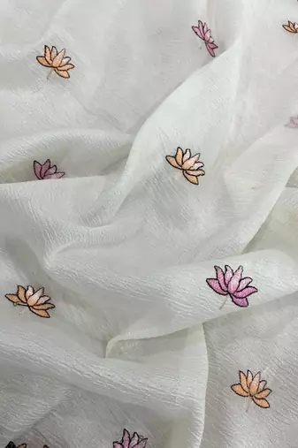 white silk blend sari with floral cow embroidery