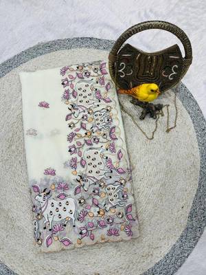 White Color Thread And Embroidery work Silk Saree 4