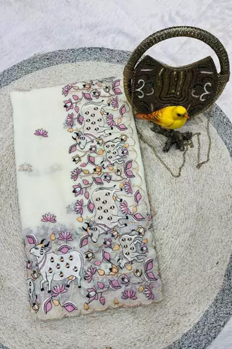 white silk blend sari with floral cow embroidery