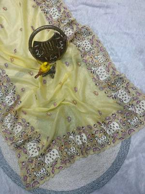 Yellow Color Thread And Embroidery work Silk Saree 1