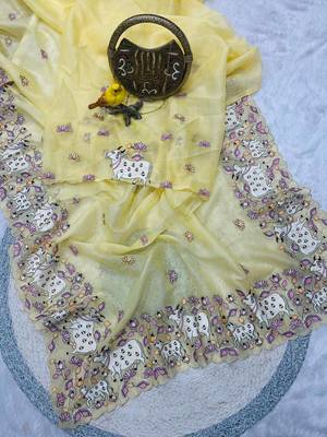 Yellow Color Thread And Embroidery work Silk Saree 4
