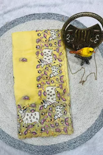 yellow silk blend saree with cow floral thread work