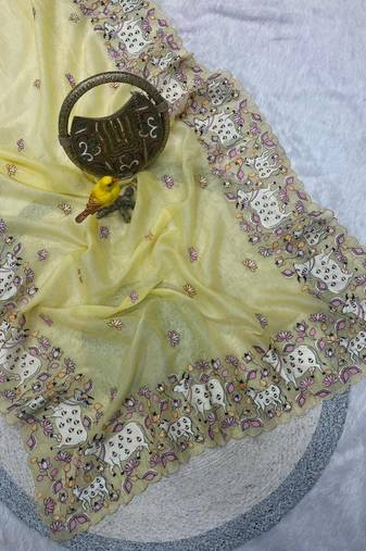 Yellow Color Thread And Embroidery work Silk Saree