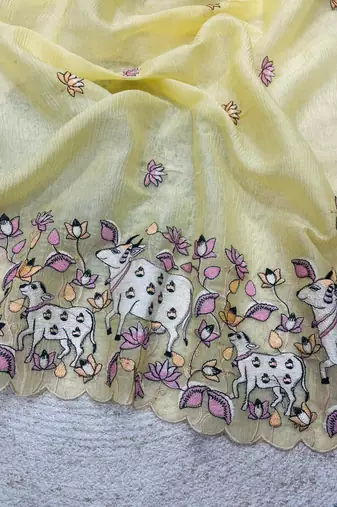 yellow silk blend saree with floral thread embroidery